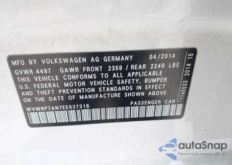 2014 Volkswagen Cc 2.0T Executive from USA, damaged, VIN WVWRP7AN7EE537318